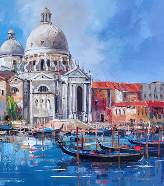 Painting of a cityscape with a large building and boats on a waterway