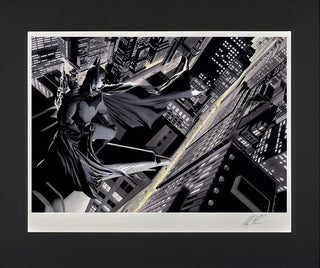 Framed artwork of a superhero in a dynamic pose against a cityscape background.