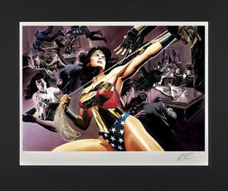 Framed artwork of Wonder Woman in a dynamic pose with a dark background